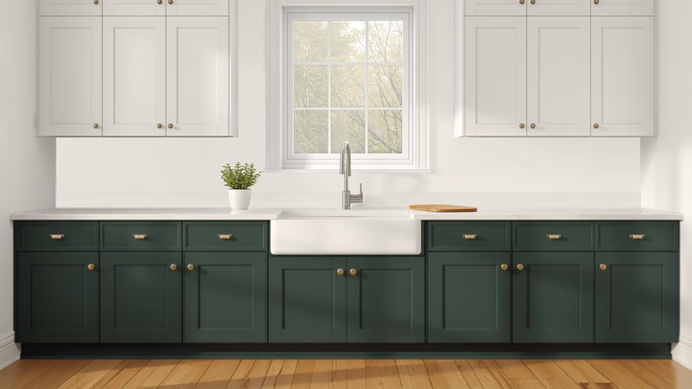 A kitchen with deep green Shaker lower cabinets, brass pulls, white upper cabinets and a white stone counter