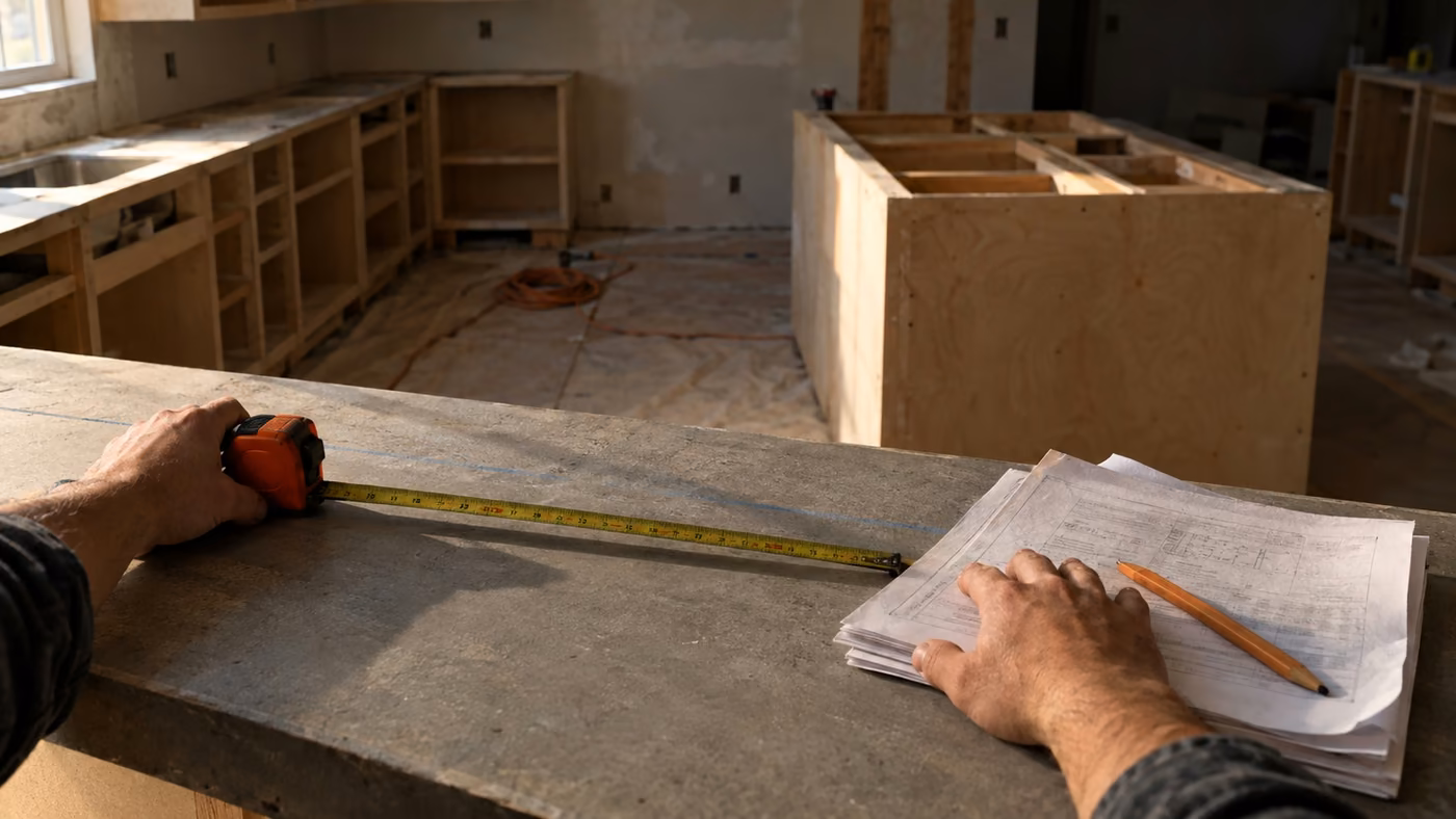 Two hands measuring a gray counter with a tape measure beside a stack of plan sheets and a pencil, with unfinished cabinet boxes behind