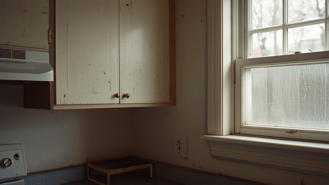 Worn cream painted cabinet doors with scuffs and small paint chips beside an old wood sash window and a dated range hood